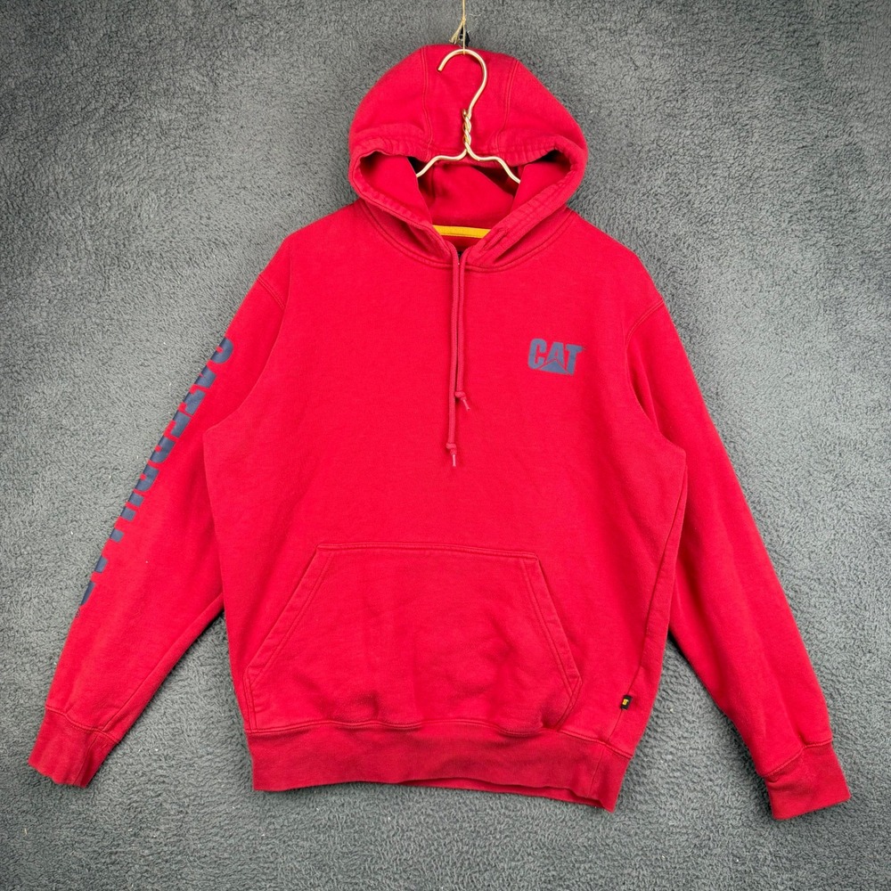CAT Caterpillar Mens Large Red Graphic Sleeve Pullover Hoodie Sweatshirt L